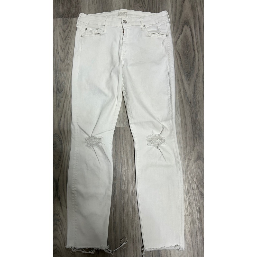 Mother Looker Ankle‎ Fray White Distressed Skinny Jeans Little Miss Innocent 28